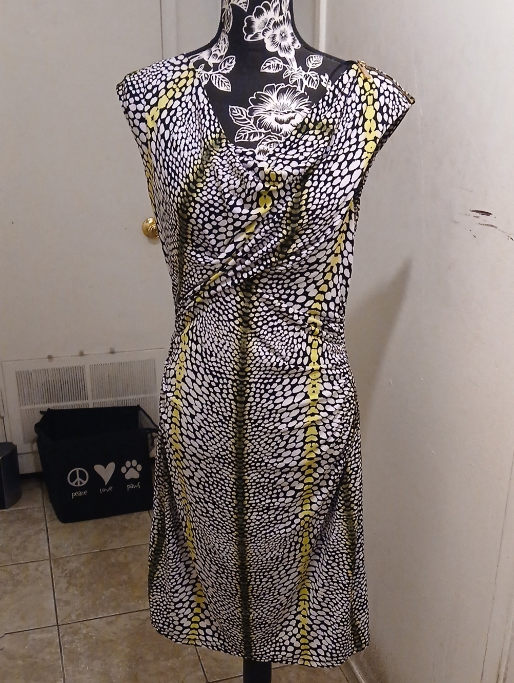 Chaus Black & White Print Midi Dress with Green Stripes